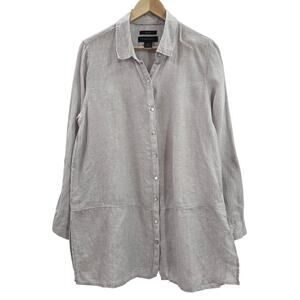 Tahari Women Lagonlook Oversized Relaxed Minimal 100% Linen Button Tunic Top L